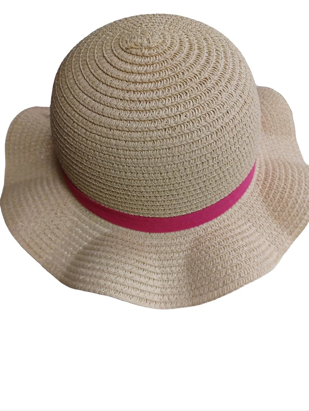 Children's Wide Brim Straw Hat With Pink Ribbon